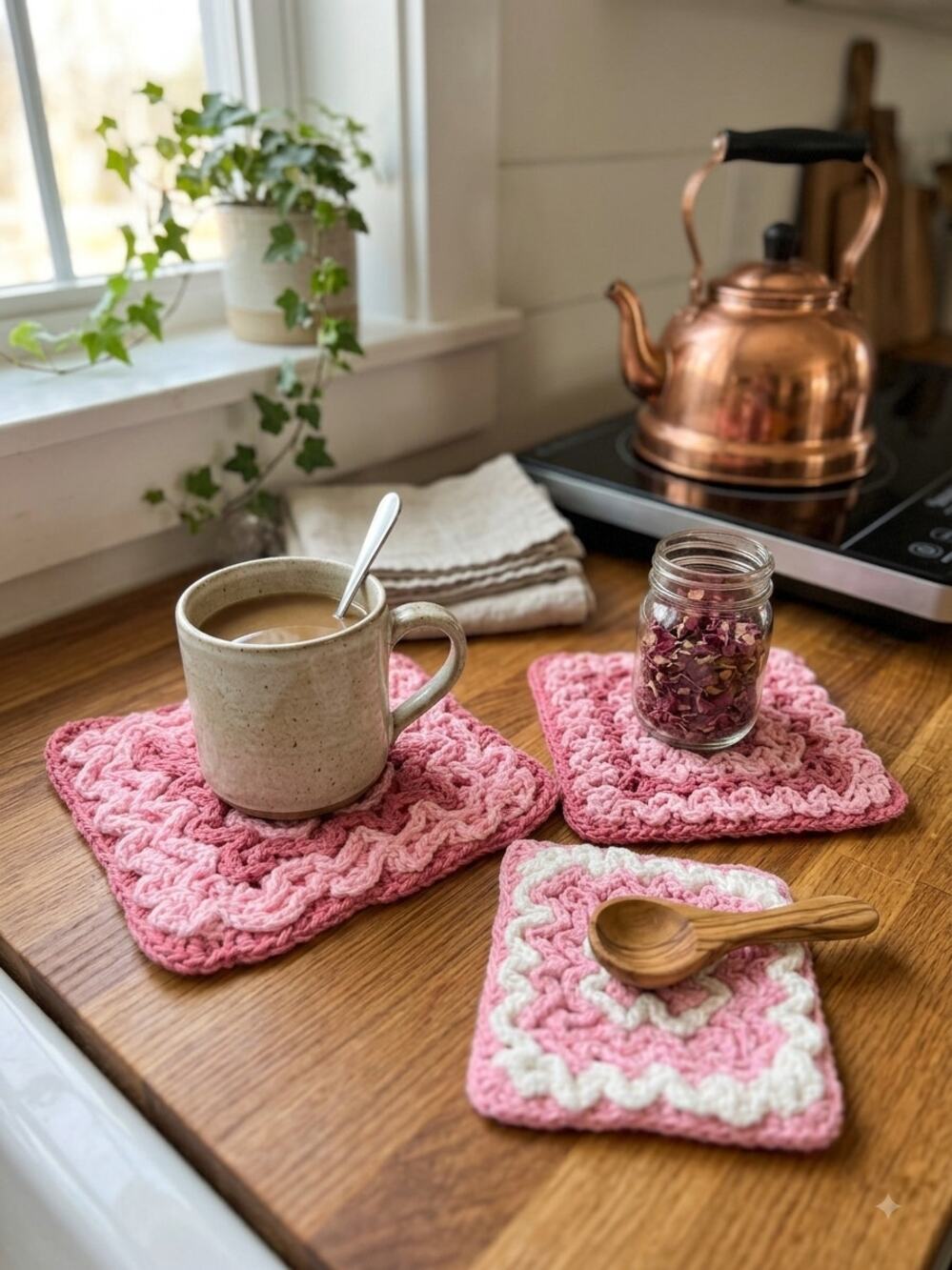 Set of 3 Pink Ruffle Crochet Hot Pads / Kitchen Trivets